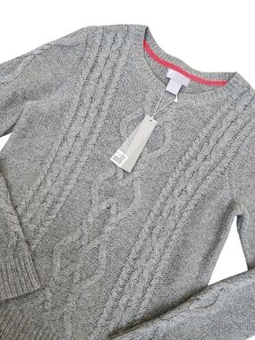 NWT JC Penny Cable Knit Fisherman Crew Neck Sweater Women's L Gray Merino Wool